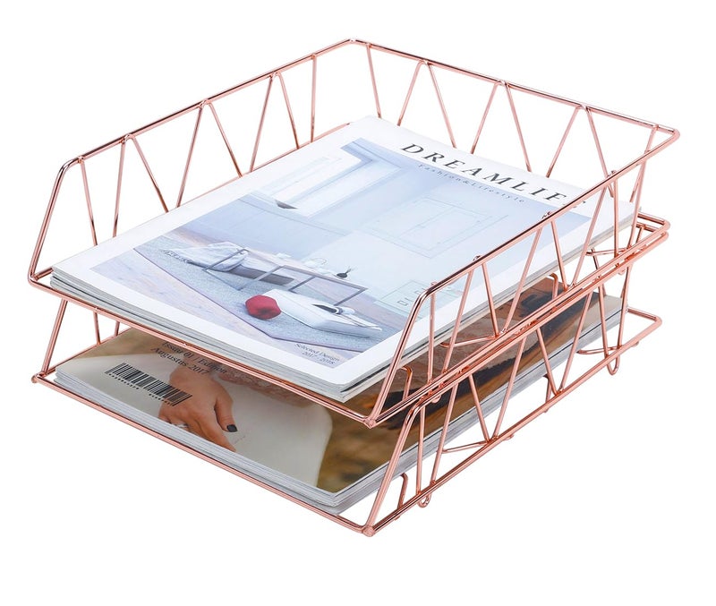 PAG Set of 2 Office Supplies Metal Stackable File Document Letter Tray Organizer for Desk, Rose Gold - Image 1
